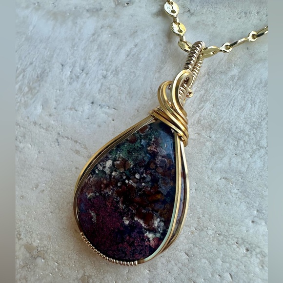 Tarnish Resistant Gold Grounding Copper Moss Agate Necklace Pendant - Picture 5 of 8